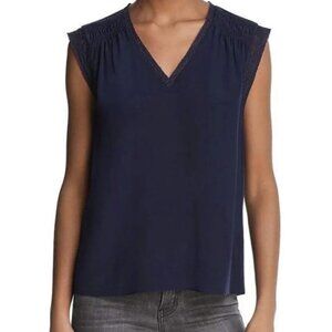 Rebecca Taylor Size 0 Silk Tank Top Navy V-neck Lace Trim Blouse